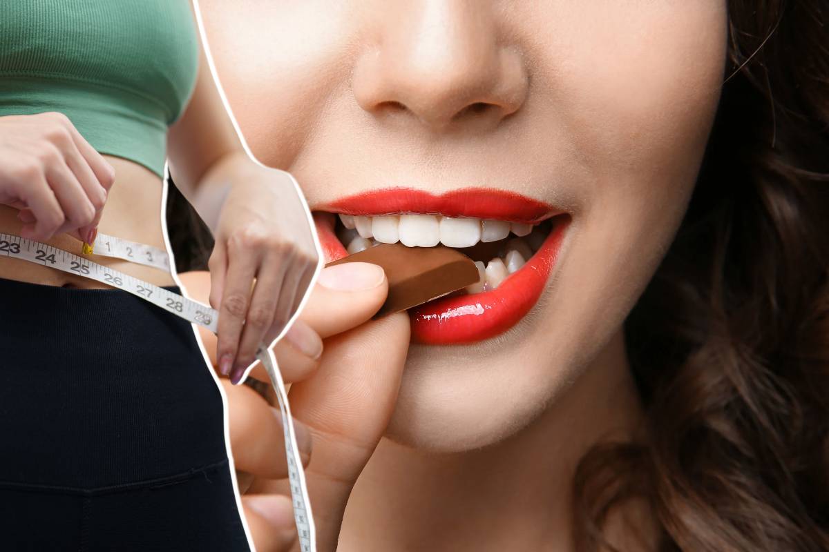 Bocca di donna che mangia un cioccolatino